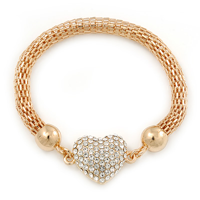 Gold Tone Mesh Bracelet With Crystal Heart Magnetic Closure - 17cm Length