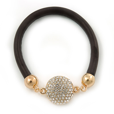 Black Rubber Bracelet With Crystal Button Magnetic Closure In Gold Tone - 17cm L - For small wrist