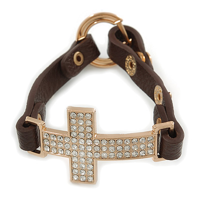 Clear Crystal Cross With Brown Leather Style Bracelet In Gold Tone - 18cm L