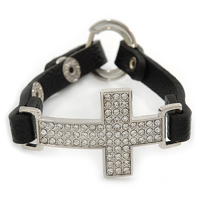 Clear Crystal Cross With Black Leather Style Bracelet In Gold Tone - 18cm L - main view