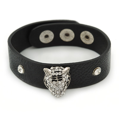 Black Leather Style Crystal Studded Bracelet With A Tiger Head - up to 21cm L - main view