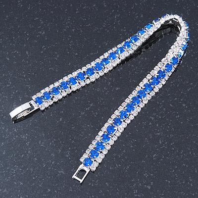 Clear/ Sapphire Blue Austrian Crystal Bracelet In Rhodium Plated Metal - 17cm Length