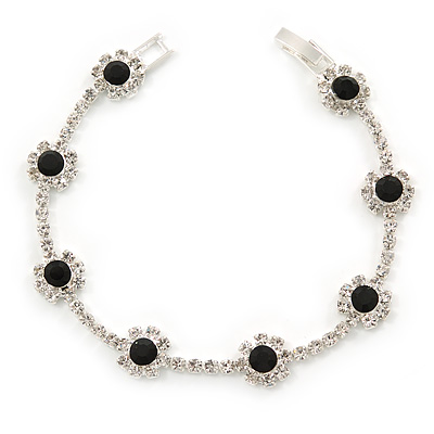 Black/ Clear Swarovski Crystal Floral Bracelet In Rhodium Plated Metal - 17cm L
