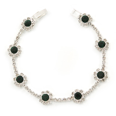 Emerald Green/ Clear Swarovski Crystal Floral Bracelet In Rhodium Plated Metal - 17cm L