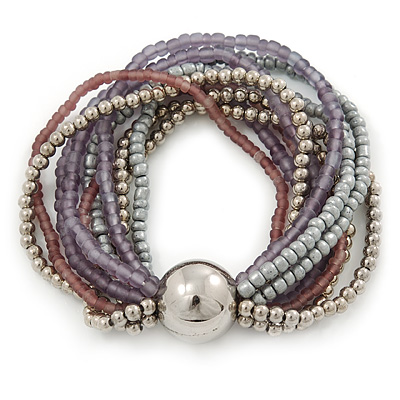 Multistrand Glass and Plastic Bead Flex Bracelet with a Ball (Silver/ Lavender/ Grey) - 19cm L - main view