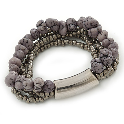 Multistrand Grey Semiprecious Stone, Metallic Silver Glass Bead Flex Bracelet - 19cm L