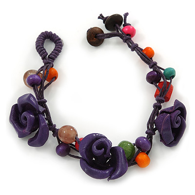 Handmade Purple Leather Rose, Beaded Bracelet with Button and Loop Closure - 17cm L/ 2cm Ext - main view