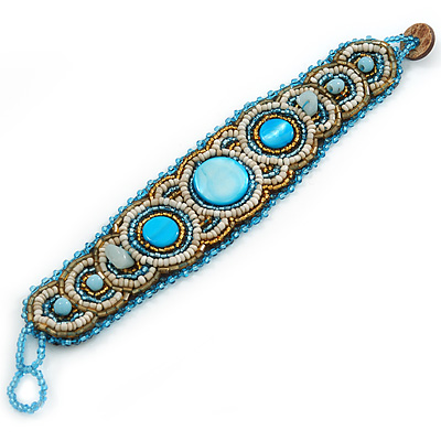 Handmade Boho Style Beaded, Shell Wristband Bracelet (Blue, Gold, Antique White) - 18cm L