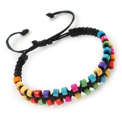 Multicoloured Wood Bead Friendship Bracelet With Black Cord - Adjustable