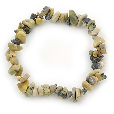 Grey/ Light Olive Semiprecious Nugget Stone Beads Flex Bracelet - 18cm L - main view