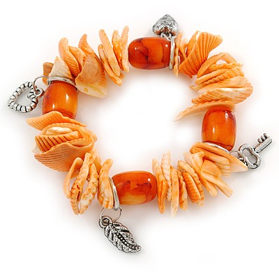 Orange/ Peach Shell Nugget, Ceramic Bead, Burnt Silver Metal Charm Flex Bracelet - 18cm L - main view