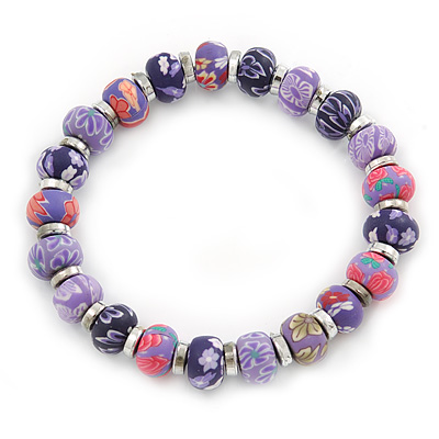Purple Fimo Bead With Silver Tone Flex Bracelet - 18cm Length