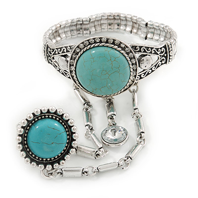 Vintage Inspired Round Turquoise Stone Flex Bracelet With Ring Attached - 20cm Length, Ring Size 7/8