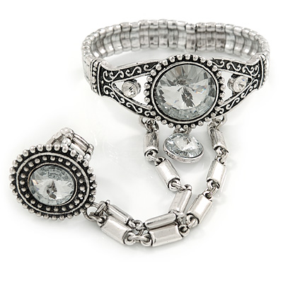 Vintage Inspired Clear Glass Stone Flex Bracelet With Round Crystal Ring Attached - 19cm Length, Ring Size 7/8
