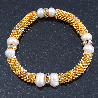 Gold Tone Snowflake With 9mm Light Cream Freshwater Pearl Bead and Crystal Spacer Stretch Bracelet - 19cm L
