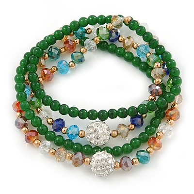 Green Agate Stone, Multicoloured Glass Crystal Bead Flex Bracelet/ Necklace - 66cm L