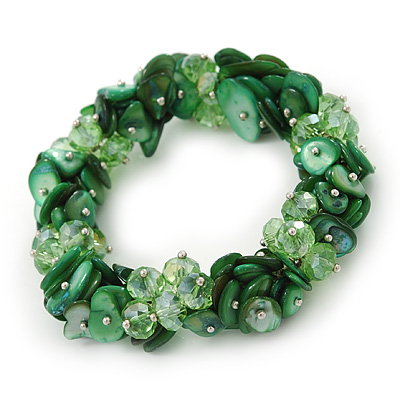 Grass Green Glass Beads With Shell Chips Clustered Stretch Bracelet - 19cm L