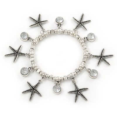 Silver Tone Crystal & Starfish Charm Flex Bracelet - up to 20cm L