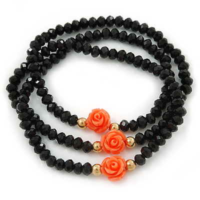 Black Glass Bead With Coral Acrylic Roses Flex Bracelet/ Necklace - 46cm L - main view