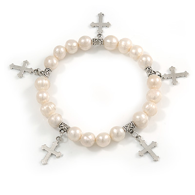 10mm Freshwater Pearl With Cross Charm Stretch Bracelet (Silver Tone) - 20cm L