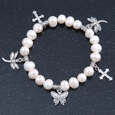 10mm Freshwater Pearl With Butterfly and Cross Charm Stretch Bracelet (Silver Tone) - 20cm L - main view