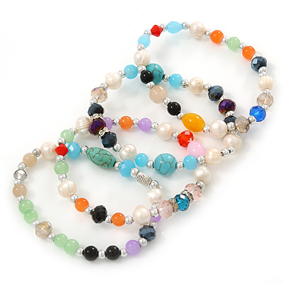 Multicoloured Semi-Precious Stone, Freshwater Pearl and Crystal Bead Flex Bracelets - Set Of 4 Pcs - 18cm L - main view