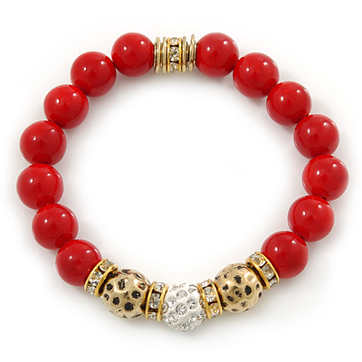 10mm Red Ceramic Stone, Gold Beads and Crystal Ball Stretch Bracelet - 18cm L