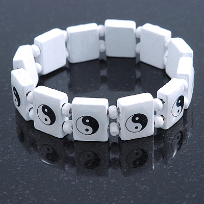 White 'Yin Yang' Stretch Wooden Icon Bracelet - Adjustable