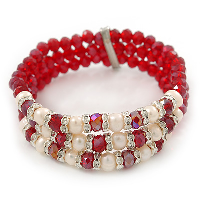 3 Strand Red Glass Bead, White Freshwater Pearl Stretch Bracelet - 19cm L