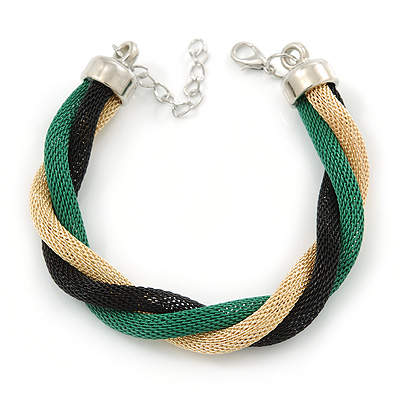 Black, Green, Gold Twisted Mesh Bracelet In Silver Tone - 16cm L/ 4cm Ext - main view