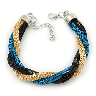 Black, Turquoise, Gold Twisted Mesh Bracelet In Silver Tone - 16cm L/ 4cm Ext - main view