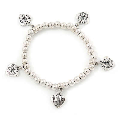 Silver Tone Bead Flex Bracelet With Heart Charms - 18cm L - main view