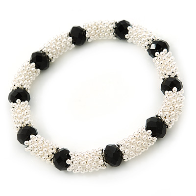 Silver Tone Snowflake Rings with Black Crystal Beads Flex Bracelet - 18cm L