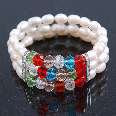 3 Row Cream Freshwater Pearl, Multicoloured Crystal Bead Flex Bracelet - 19cm L