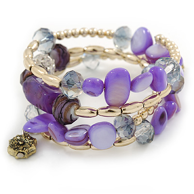 Pale purple Shell Nugget, Glass Beads Coil Flext Bracelet - Adjustable - main view
