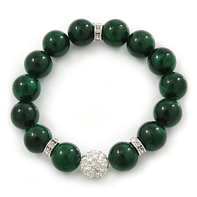 12mm Green Agate Stone With White Crystal Disco Ball Flex Bracelet - 18cm L