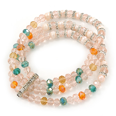 3-Strand Light Pink Glass Bead, White Freshwater Pearl Stretch Bracelet - 19cm L - main view