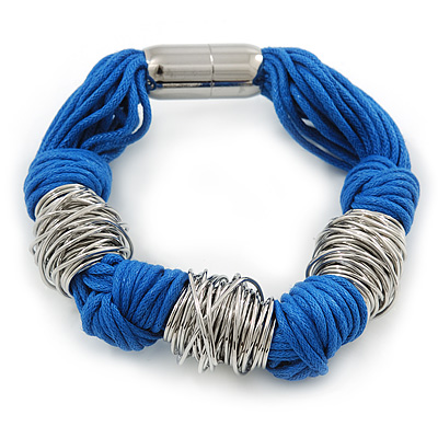 Chunky Blue Multi Cord With Silver Tone Rings Magnetic Bracelet - 17cm L