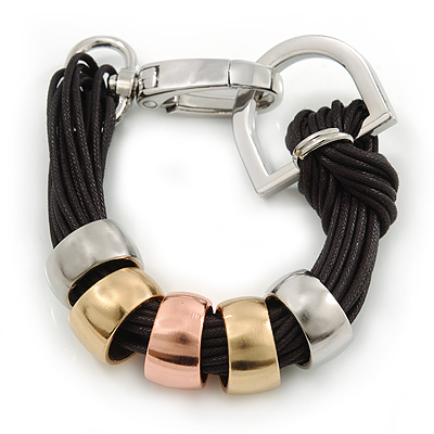 Black Multi Cord With 3 Tone Rings Bracelet With Silver Tone Shackle Clasp - 17cm L (For smaller writs) - main view