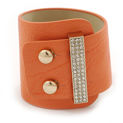 Statement Wide Light Coral Leather Style with Crystal Closure Bracelet - 18cm L