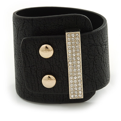 Statement Wide Black Leather Style with Crystal Closure Bracelet - 18cm L