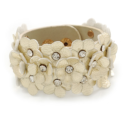 Light Gold Metallic Floral Leather Style Wristband Bracelet - 18cm L - main view