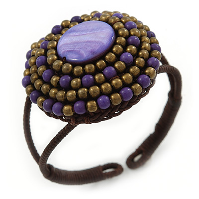 Purple/ Bronze Shell Bead, Dome Shape Woven Flex Cuff Bracelet - Adjustable - main view