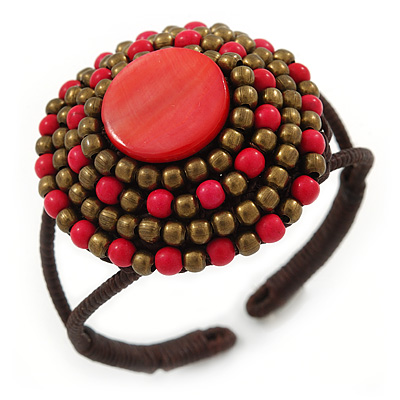 Red/ Bronze Shell Bead, Dome Shape Woven Flex Cuff Bracelet - Adjustable