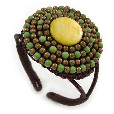 Lime Green/ Bronze Shell Bead, Dome Shape Woven Flex Cuff Bracelet - Adjustable