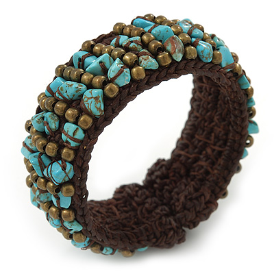 Turquoise Chips, Bronze Bead, Dark Brown Cotton Thread Flex Wire Cuff Bracelet - Adjustable