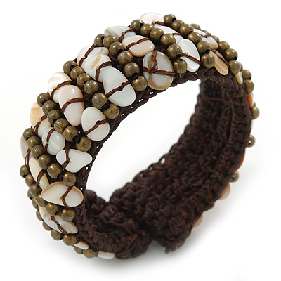 Sea Shell Chips, Bronze Bead, Dark Brown Cotton Thread Flex Wire Cuff Bracelet - Adjustable