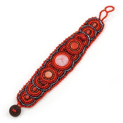 Handmade Boho Style Beaded, Shell Wristband Bracelet (Orange, Red, Hematite) - 18cm L