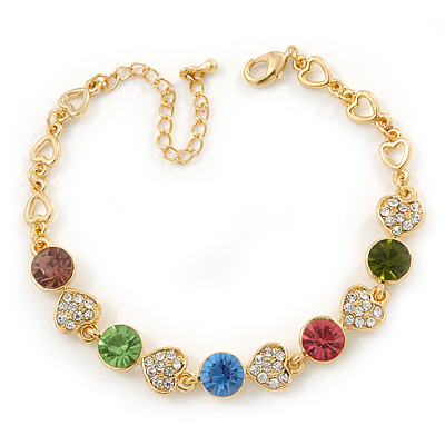 Multicoloured Autstrian Crystal, Heart Bracelet In Gold Plating - 18cm L/ 6cm Ext
