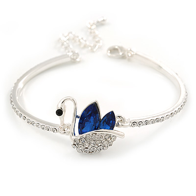 Exquisite Clear Crystal, Blue CZ Swan Bracelet In Rhodium Plating - 18cm L/ 5cm Ext